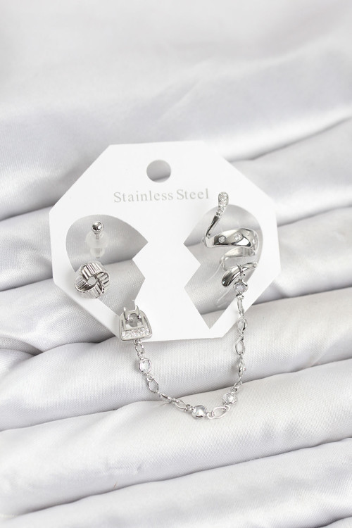 Pirinç Gümüş Renk Yılan Model Zincir Bağlantılı Ear Cuff Küpe Seti - Tj-Bkp11533