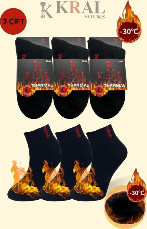 Thermo Özellikli 2X Korumalı (3 Çift) Siyah Renk Termal Erkek Kışlık Havlu Patik Çorap