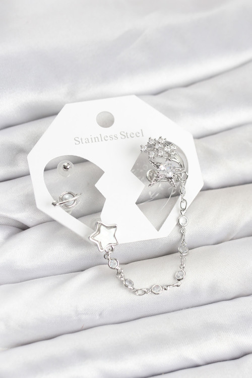 Pirinç Gümüş Renk Yıldız Model Zincir Bağlantılı Ear Cuff Küpe Seti - Tj-Bkp11539