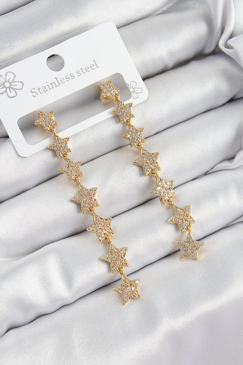 Pirinç Zirkon Taşlı Sallantılı Yıldız Model Gold Renk Kadın Küpe - Tj-Bkp10912
