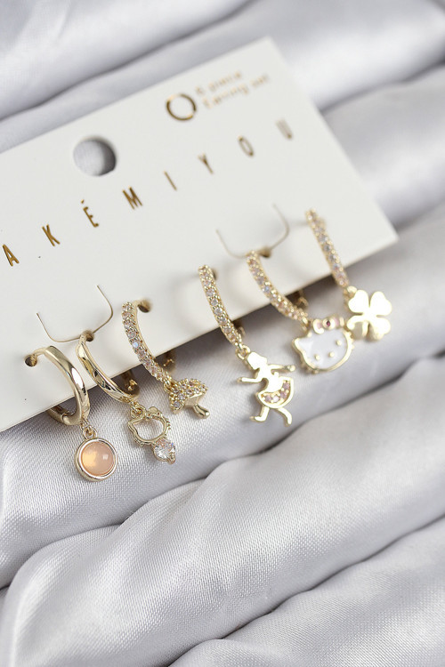 Pirinç Zirkon Taşlı Hello Kity Ve Yonca Model Gold Renk 6'Lı Küpe Set - Tj-Bkp11206