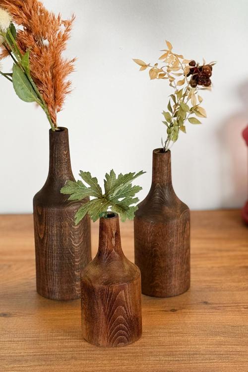 Ahşap Vazo Set 3Lü Çiçek Vazosu 1259