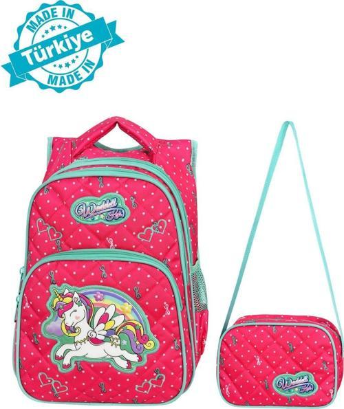 Lisanslı Fuşya Unicorn Desenli Emboos İlöğretim Okul Sırt Çantası Ve Beslenme Çantası