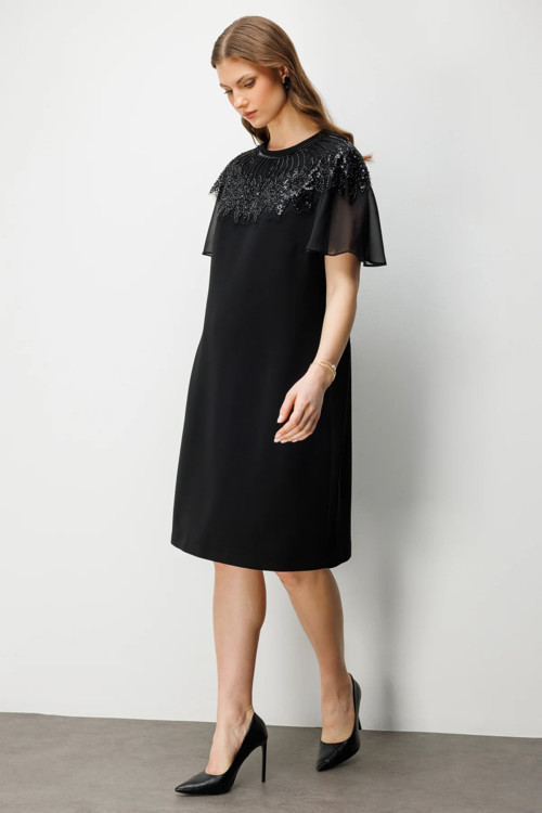 Kadın Büyük Beden Taş Nakışlı Midi Elbise 6502 Siyah
