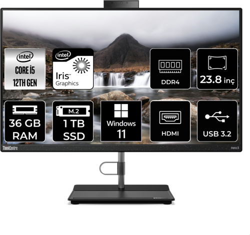 THİNKCENTRE NEO 30A İ5 1235U 36 GB RAM 1 TB SSD 23.8" FHD W11H ALL IN ONE PC 12CE004KTX