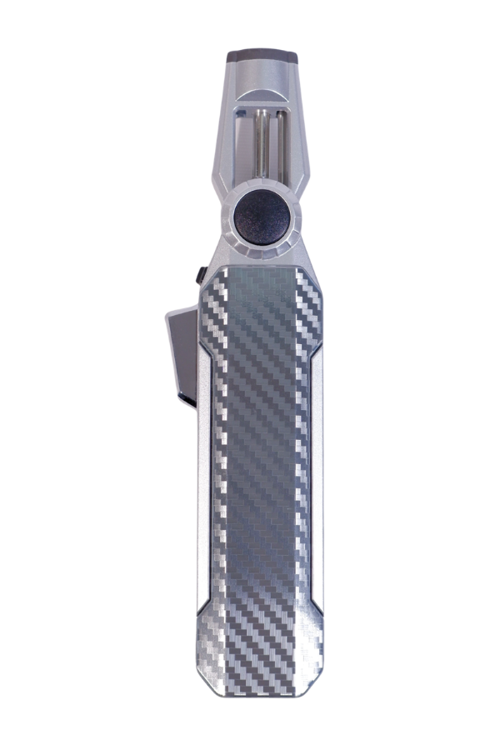 Tek Torch Pürmüz Oynar Başlıklı Karbon Desenli Gümüş Masa Tipi Metal Puro Çakmağı