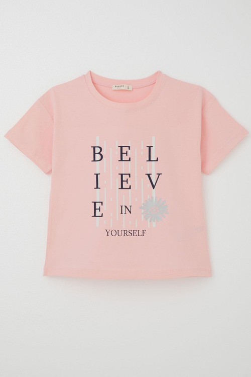 Kız Çocuk Tişört Crop Slogan Temalı Çiçek Baskılı 9-14 Yaş, Pembe