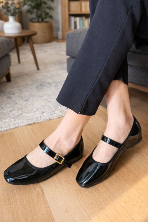 Kadın Babet Bantlı Kemerli Rugan Hafif Rahat Şık İş Ofis Günlük Ayakkabı