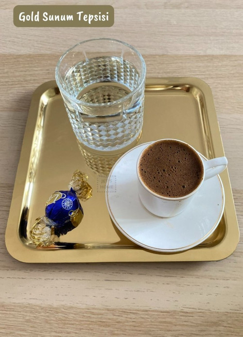 Gold Sunum Tepsisi Paslanmaz Kahve Tepsisi Çelik Tepsi Kare Çeyizlik Tepsi