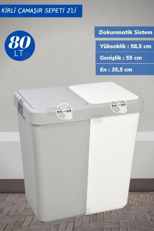 Çamaşır Sepeti İki Bölmeli Dayanıklı Renkli Beyazlar Sepeti Gri Beyaz 80 Lt