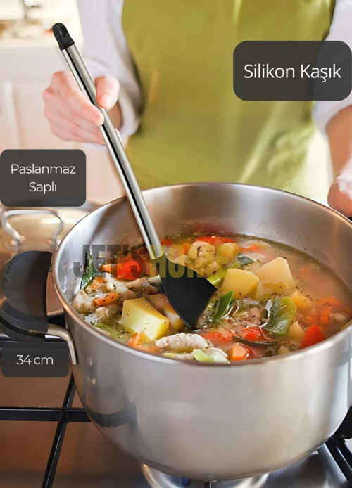 Silikon Kaşık Paslanmaz Saplı Servis Kaşığı Siyah 34 cm