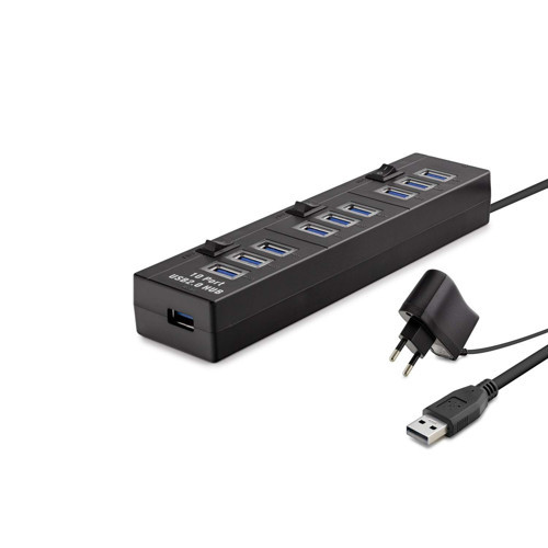 Büro Ev Ofis Cihazları için Siyah 10xUSB 1MT Kablolu Güç Adaptörlü Hub