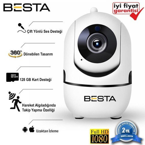 Büro Ev Ofis Güvenliği için 2MP 1080P 360 Dönen Sensörlü Kablosuz 64GB SD Hafıza Kartlı Kamera