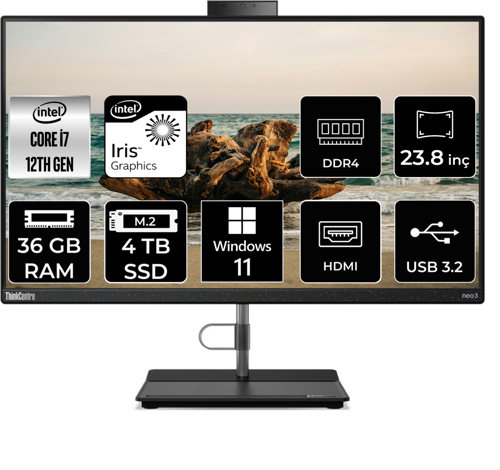 THİNKCENTRE NEO 30A i7 1260P 36 GB RAM 4 TB SSD 23.8" FHD W11P ALL IN ONE PC 12B0008JTX