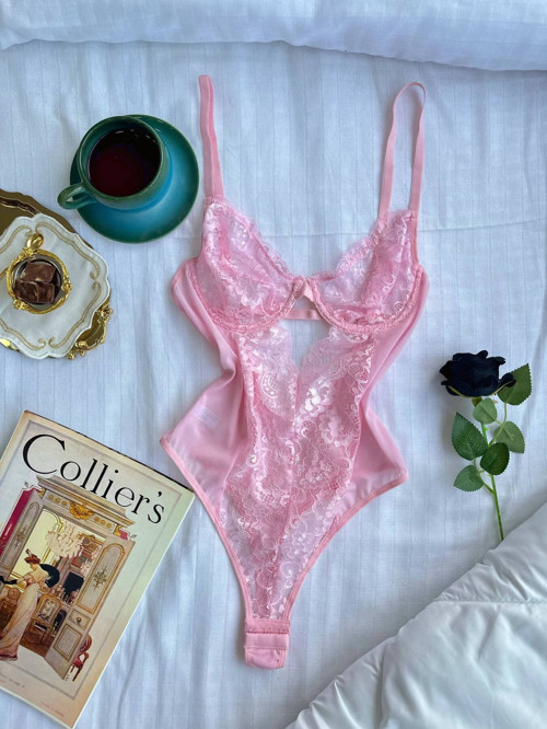 NOATEKS Pudra Dantelli Balenli Kapsız Transparan Çıtçıtlı Bodysuit
