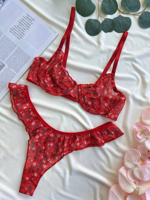 NOATEKS Kırmızı Tül Çiçek Desenli Balenli Kapsız Sütyen Kelebek Tanga Fırfırlı İç Çamaşırı Takımı