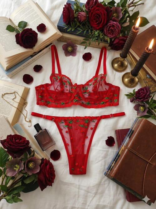 NOATEKS Kırmızı Kiraz Desenli Balenli Tül Bralet Takım