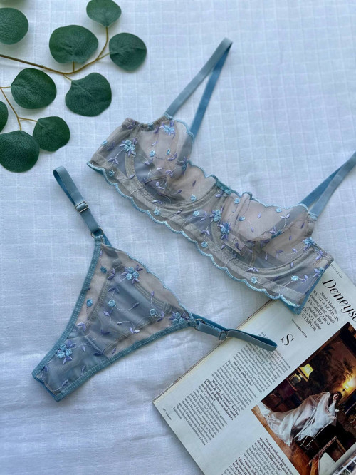 NOATEKS Mavi Çiçekli Balenli Dantelli Tül Bralet Takım