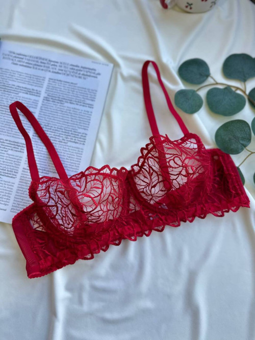 NOATEKS Kırmızı Yaprak Desenli Transparan Tül ve Dantel Detaylı Bralet Takım