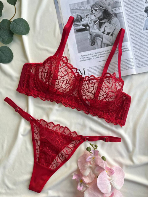 NOATEKS Kırmızı Yaprak Desenli Transparan Tül ve Dantel Detaylı Bralet Takım