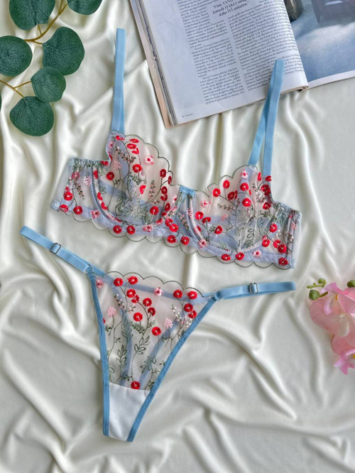 NOATEKS Bebe Mavisi Üzerine Kırmızı Gelincik Nakış İşlemeli Şeffaf Tül Bralet Takım