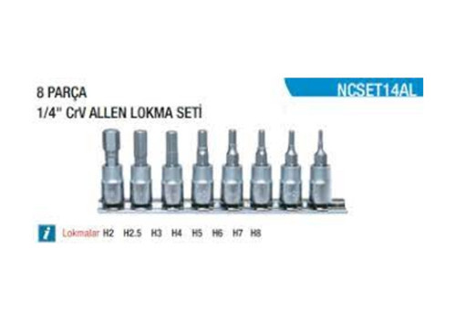 1/4'' Allen Lokma Takımı 8 Parça Ncset14al