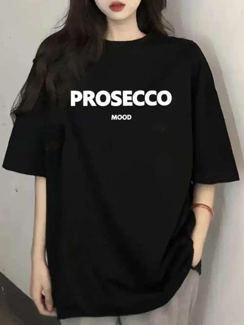 Baskılı Oversize Bisiklet Yaka T-shirt - Siyah