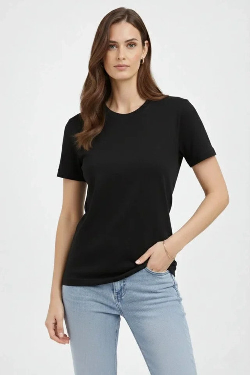 Bisiklet Yaka Tişört Regular Kalıp Basic Pamuklu Günlük Kullanım T-shirt - Siyah