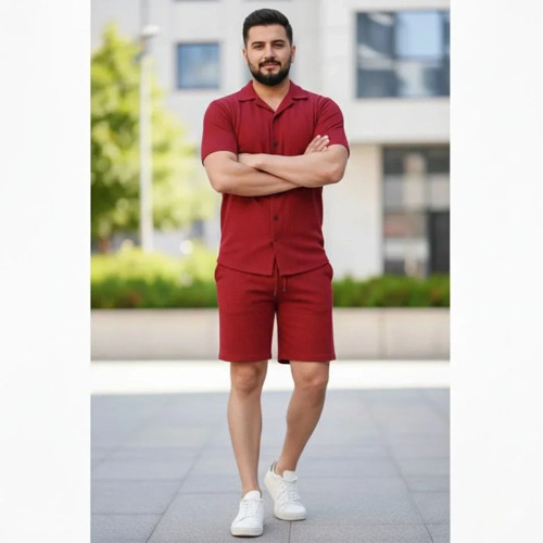 Erkek Waffle Kumaş Kısa Kollu Gömlek Şort Takım Regular Fit Yazlık İkili Set - Bordo