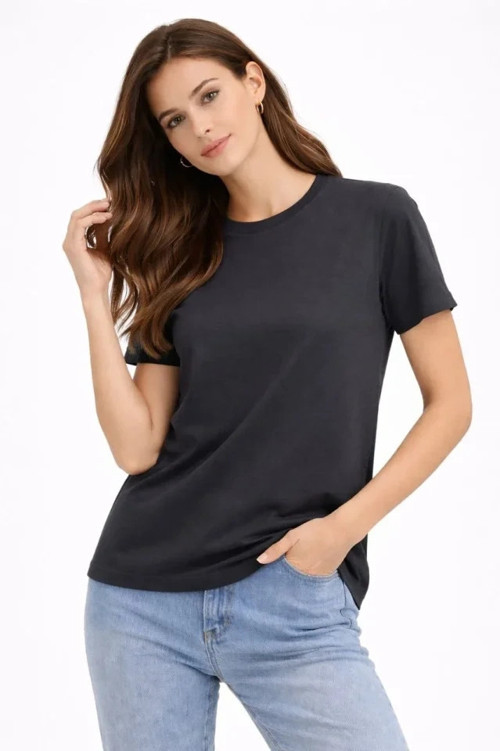 Bisiklet Yaka Tişört Regular Kalıp Basic Pamuklu Günlük Kullanım T-shirt - Füme