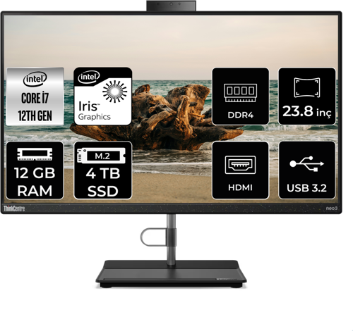 THİNKCENTRE NEO 30A i7 1260P 12 GB RAM 4 TB SSD 23.8" FHD FDOS ALL IN ONE PC 12B0008JTX