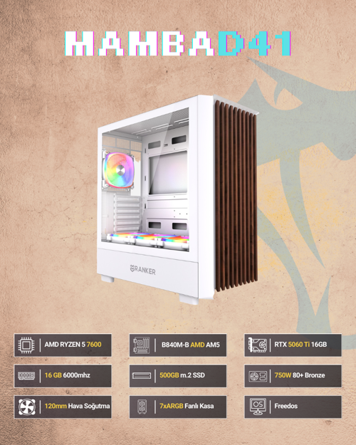 Mamba D41 Gigabyte GeForce RTX5060Ti Eagle OC ICE 16GB Ryzen 5 7600 16GB DDR5 500GB NVMe M.2 SSD