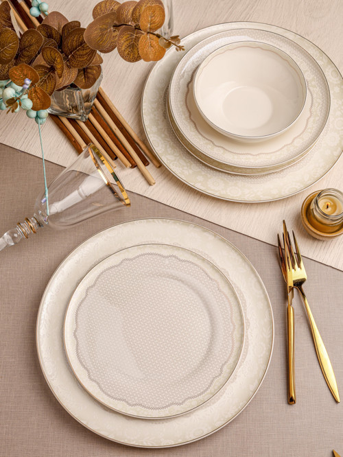 ROYAL CHARME Bonita 24 Parça Bone China Yemek Takımı – 6 Kişilik Krem Desenli Şık Sofra Seti