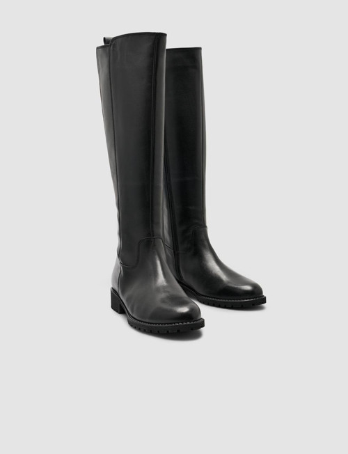 %100 Hakiki Deri Siyah Fermuarlı Kadın Düz Çizme