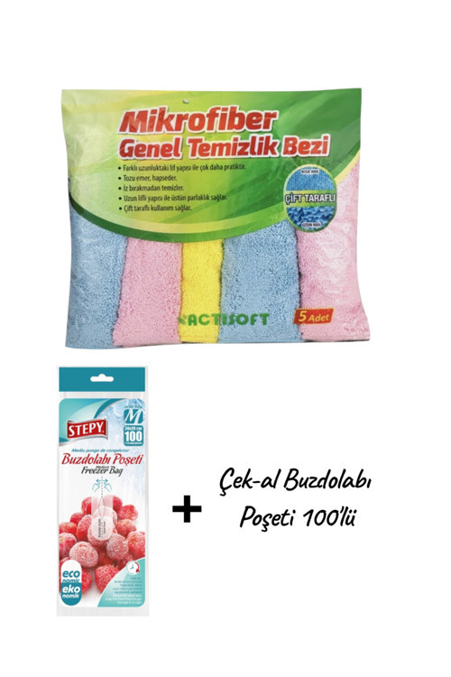 Actisoft Mikrofiber Temizlik Bezi 5'li (40*40 Cm) + Çek-al Buzdolabı Poşeti 100'lü
