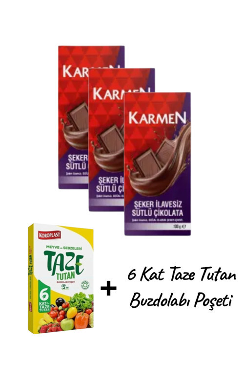Karmen Şeker İlavesiz Sütlü Çikolata 100 gr X 3 Adet