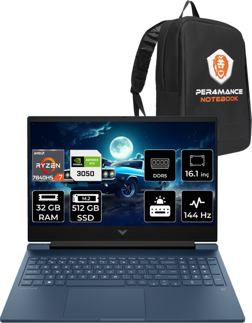Victus 16 Ryzen 7 7840HS 32 GB 512 GB SSD RTX3050/6 GB 144 Hz 16.1" FHD FDOS 8D7V8EA & PER4 Çanta