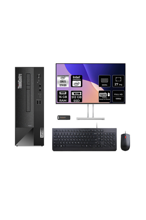 Thinkcentre Neo 50S İ5 12400 16Gb 512Gb Ssd Fdos Masaüstü Bilgisayar & 27" Monitör