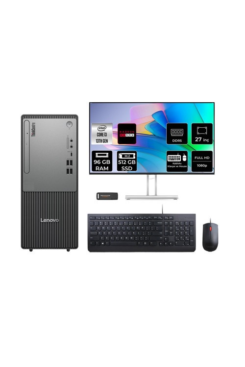 Thinkcentre Neo 50T G5 İ3 13100 96Gb 512Gb Ssd Rx550/4Gb Fdos Masaüstü Bilgisayar + 27"