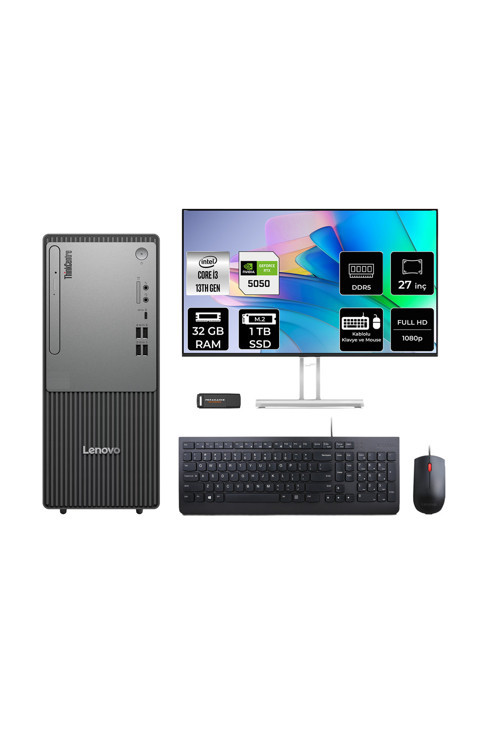 Thinkcentre Neo 50T G5 İ3 13100 32Gb 1Tb Ssd Rtx5050/8Gb Fdos Masaüstü Bilgisayar + 27"