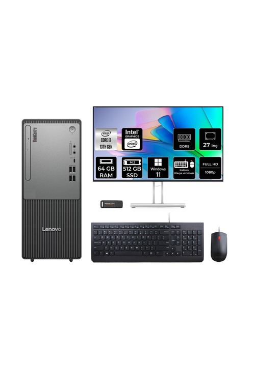 Thinkcentre Neo 50T G5 İ3 13100 64Gb 512Gb Ssd W11P Masaüstü Bilgisayar + 27" Monitör