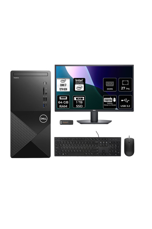 Vostro 3030Mt İ7 12700 64Gb 1Tb Ssd Fdos Masaüstü Bilgisayar + 27" Monitör