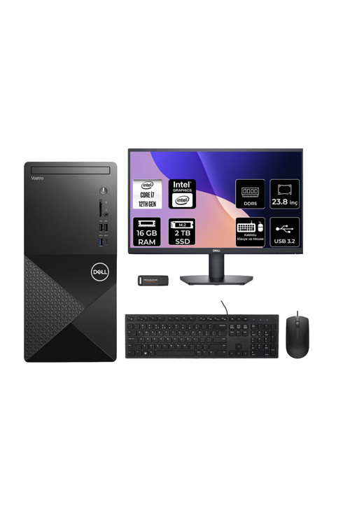 Vostro 3030Mt İ7 12700 16Gb 2Tb Ssd Fdos Masaüstü Bilgisayar + 23.8" Monitör