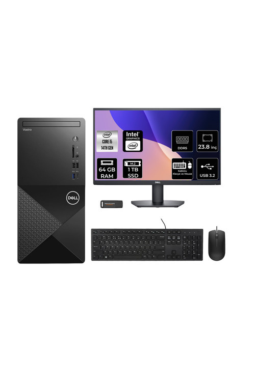 Vostro 3030Mt İ5 14600 64Gb 1Tb Ssd Fdos Masaüstü Bilgisayar + 23.8" Monitör