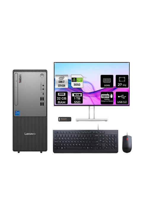 Thinkcentre Neo 50T G5 İ7 13700 32Gb 1Tb Ssd Rtx3050/6Gb Fdos Masaüstü Bilgisayar + 27"