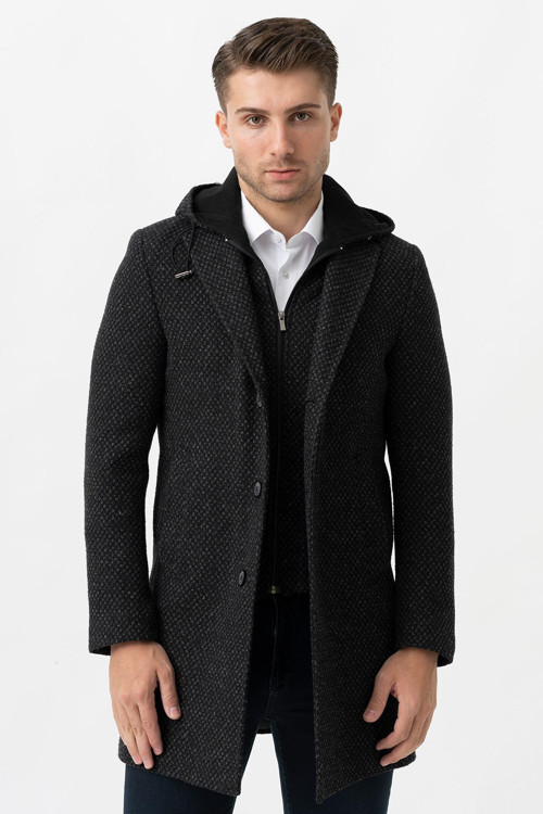 Ancona 4024 Slim Fit Kapüşonlu Ceket Yaka Pamuklu Kaban Gri