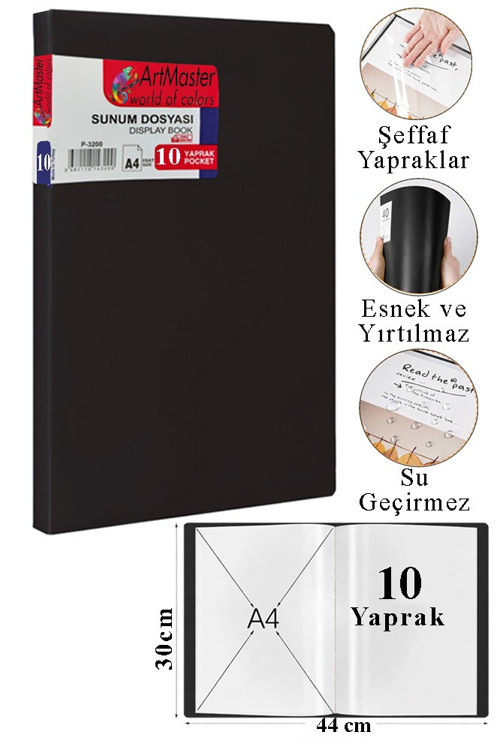 Siyah Sunum Dosyası 10 lu 1 Adet Poşet Dosyalı Katalog Dosyası 10 Poşetli Kendinden Dosya Plastik Kapaklı