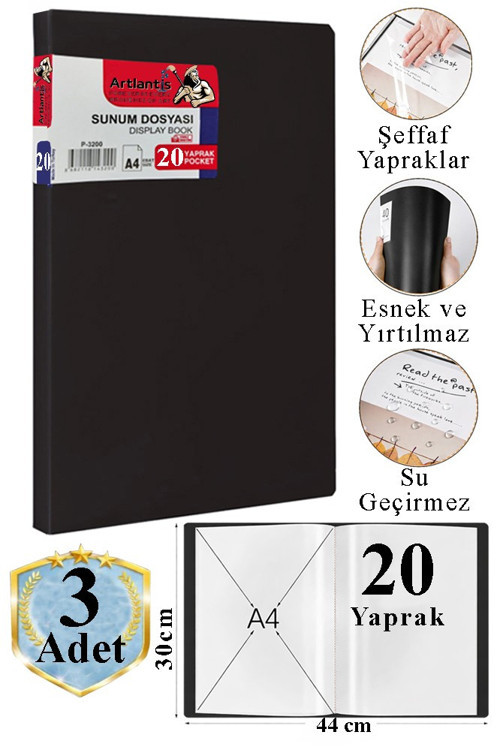 Siyah Sunum Dosyası 20 li 3 Adet Poşet Dosyalı Katalog Dosyası 20 Poşetli Kendinden Dosya Plastik Kapaklı