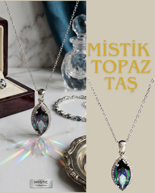 925 Ayar Gümüş Mistik Topaz Taşlı Damla Tasarım Kadın Kolye Doğum Günü Hediye