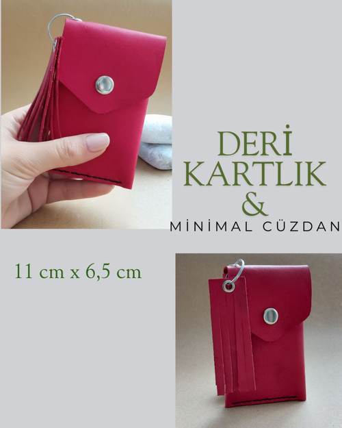 Hakiki Deri Kırmızı Minimal Avuçiçi Tasarım Kadın Kartlık Cüzdan drc14